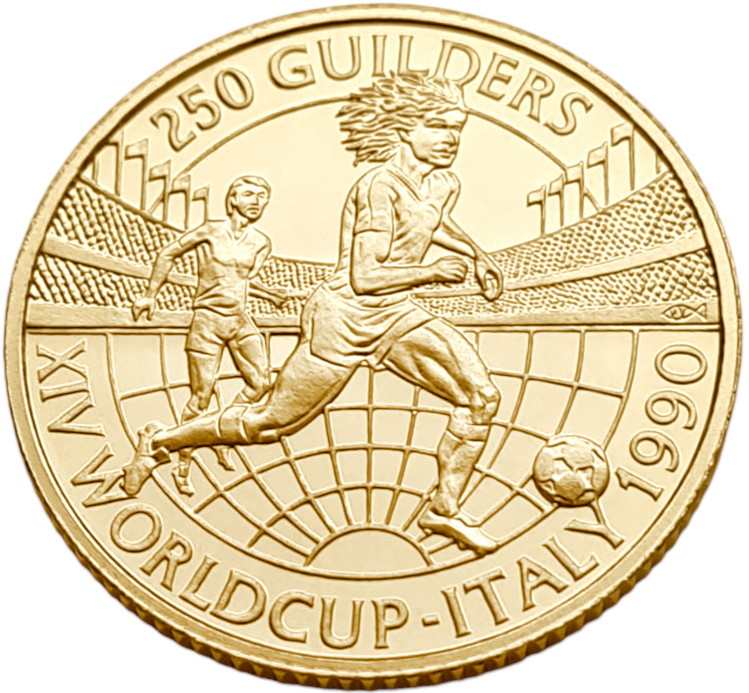 картинка Суринам. 250 Гульденов 1990 г. Золото. 7.98 г*0.917 0.2353 oz. Футбол! Рууд Гуллит! Пруф! от магазина Одежда+