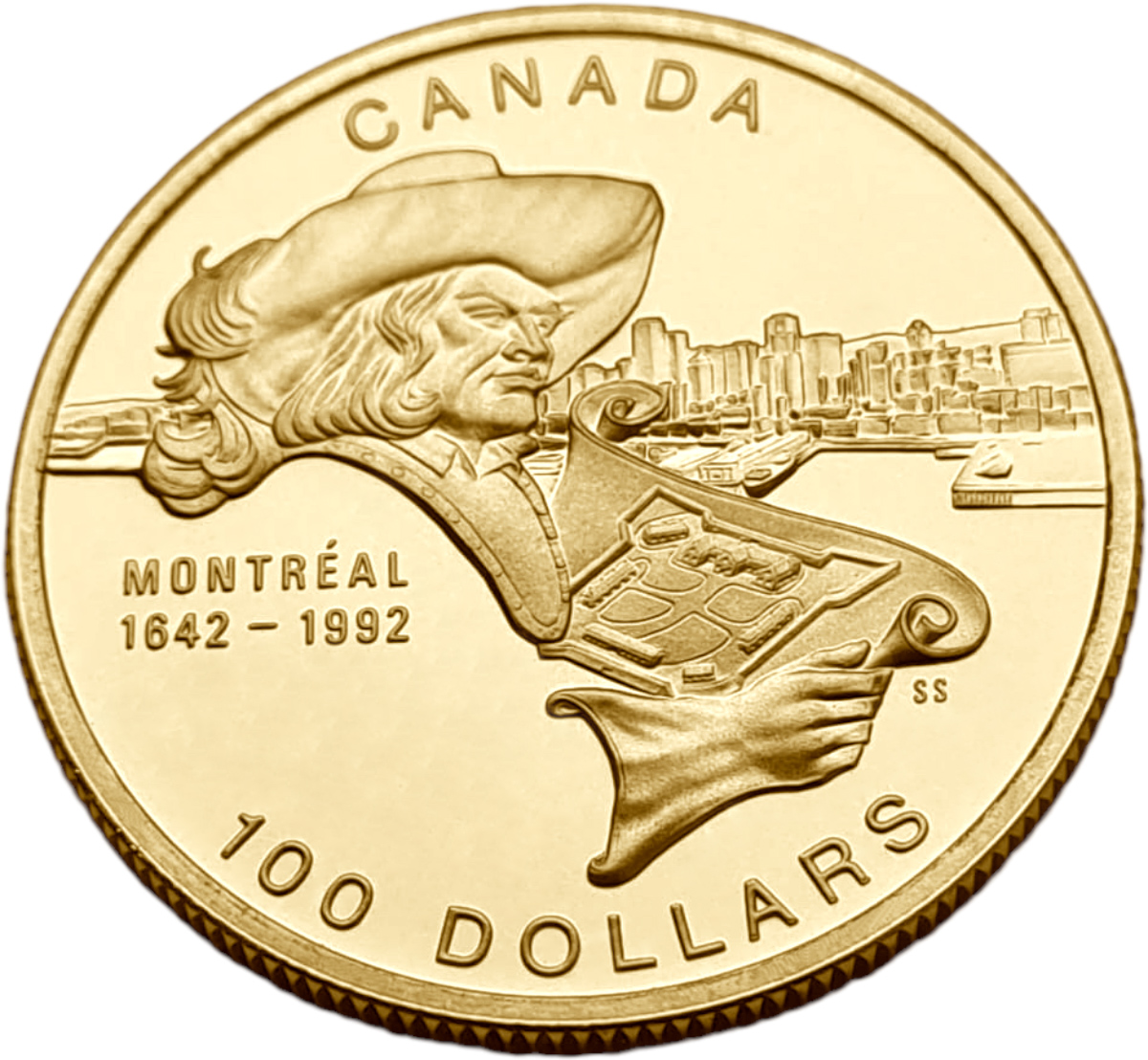 картинка Канада. 100 долларов 1992 г. Золото. 13.3375г*0.583 0.25 oz. 350-летие Монреаля! от магазина Одежда+