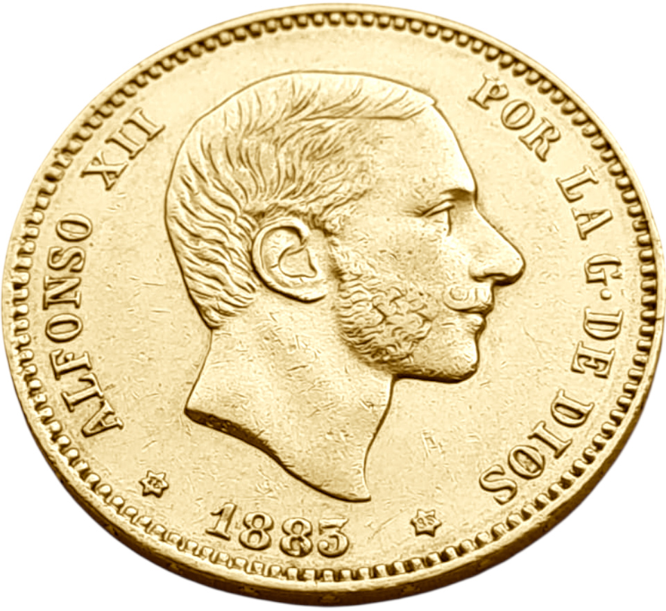 картинка Испания. 25 Песет 1883(1883) г. Золото. 8.06 г*0.900 0.2332 oz. от магазина Одежда+