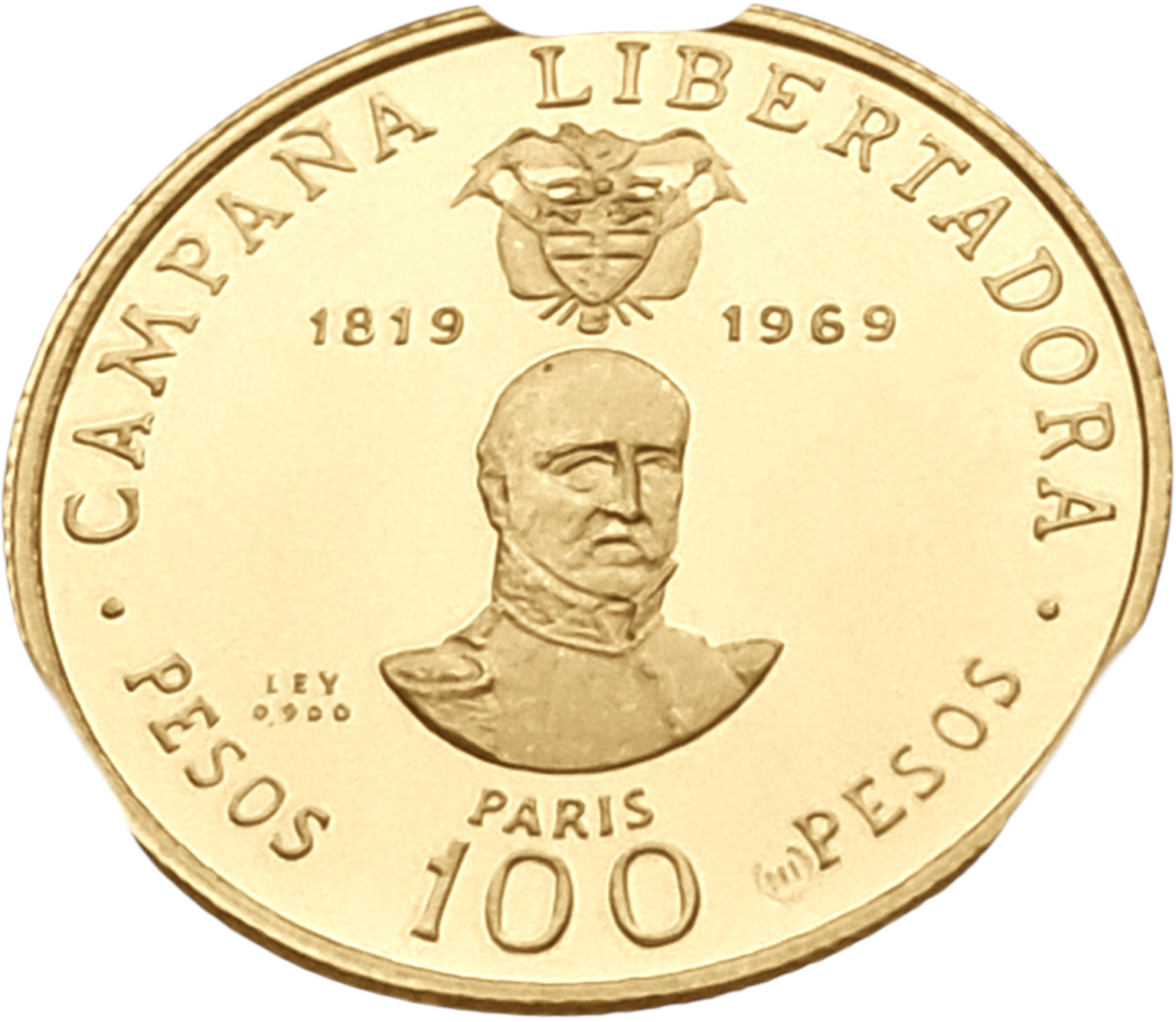картинка Колумбия. 100 Песо 1969 г. Золото. 4.3 г*0.900 0.1244 oz. СЛАБ CPRC PF 66 ULTRA CAMEO! от магазина Одежда+