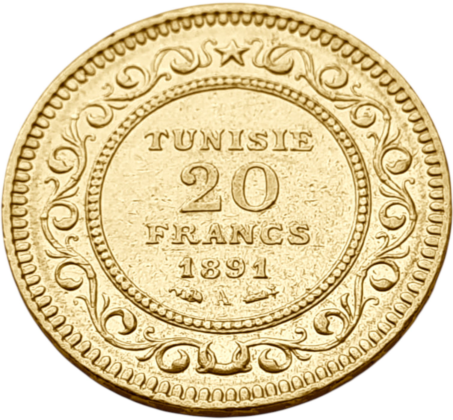 картинка Тунис. 20 Франков 1891 (1308) г. Золото. 6.45 г*0.900 0.1866 oz. от магазина Одежда+
