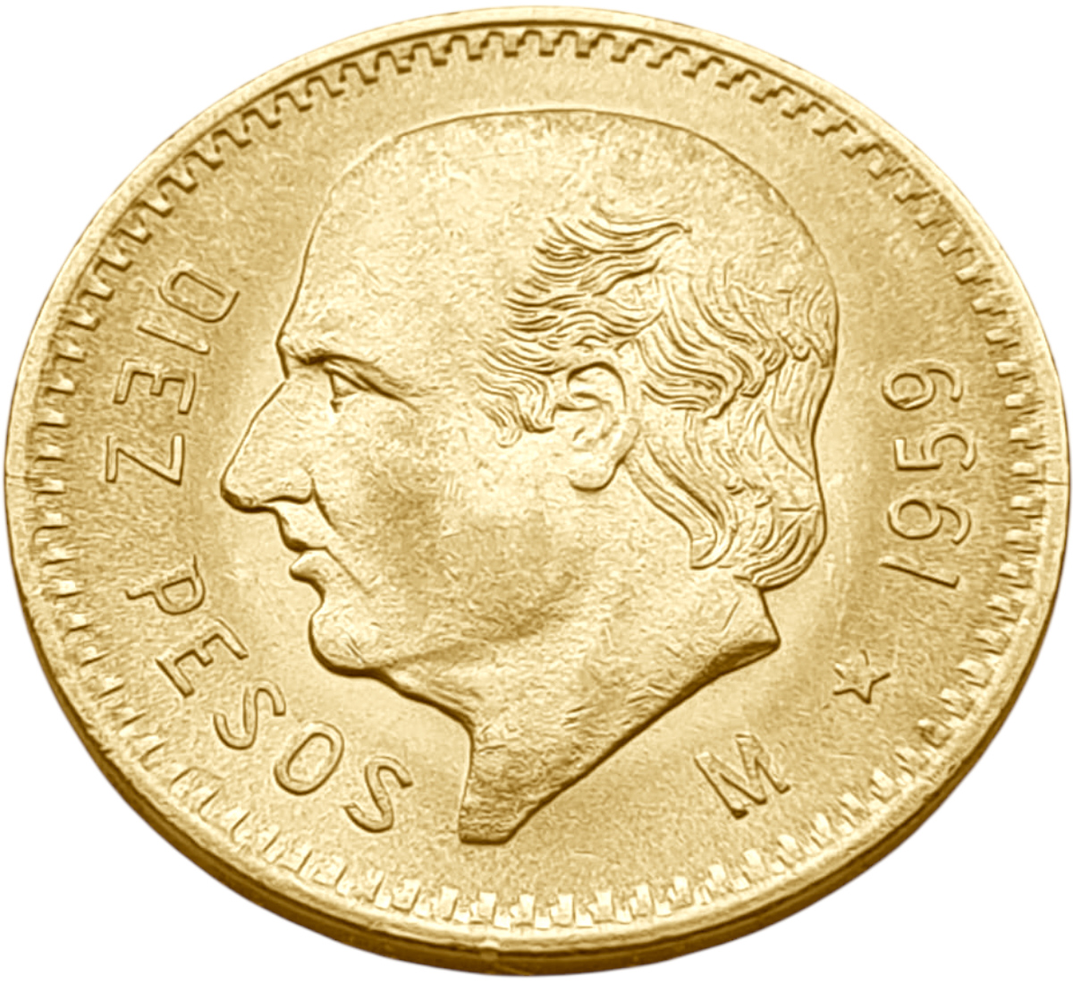 картинка Мексика. 10 Песо 1959 г. Золото. 8.333 г*0.900 0.2411 oz. Мигель Идальго! от магазина Одежда+