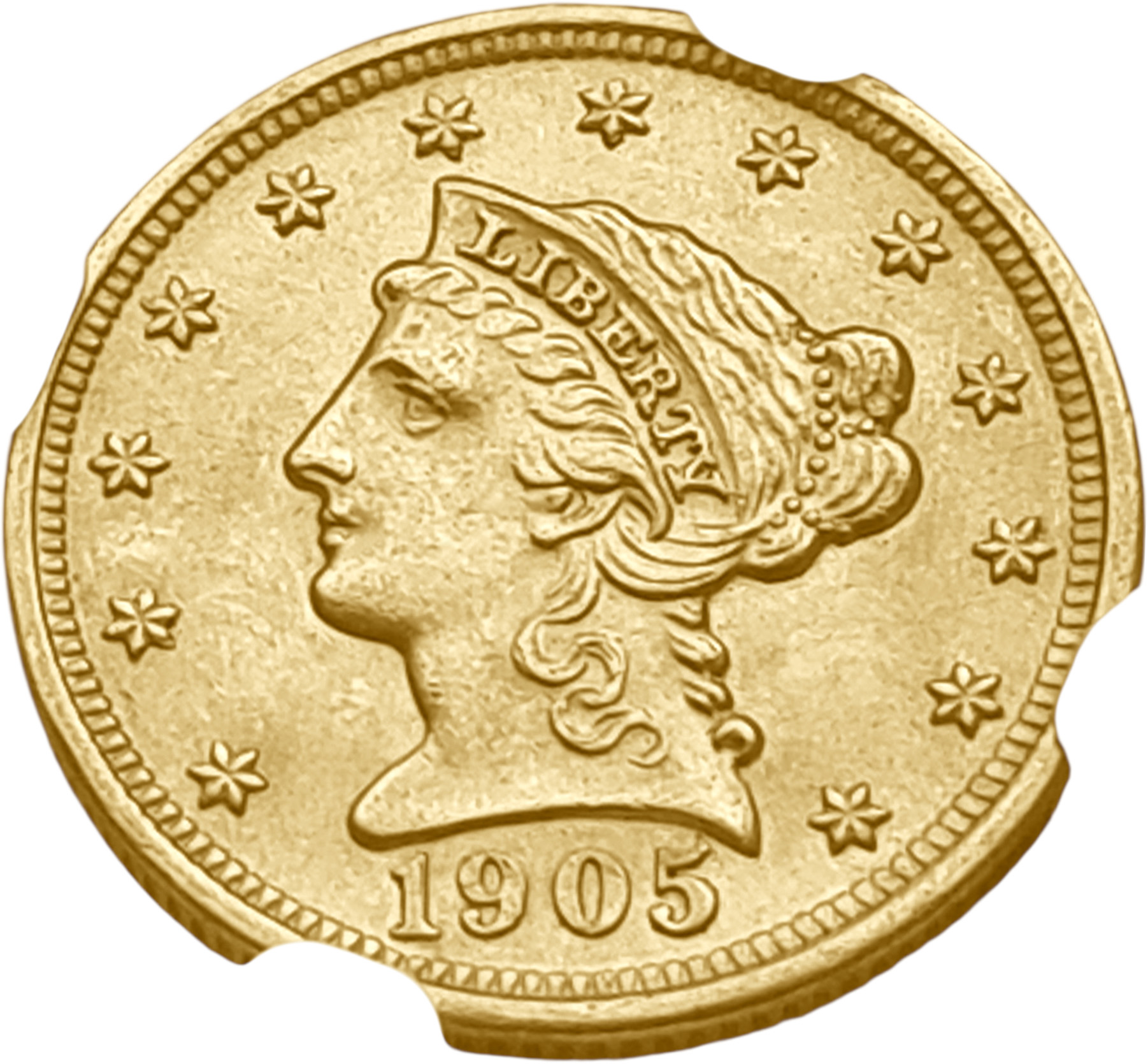 картинка США. 2 1/2 Доллара 1905 г. Золото. 4.18 г*0.900 0.1209 oz. СЛАБ NGC MS 62! от магазина Одежда+
