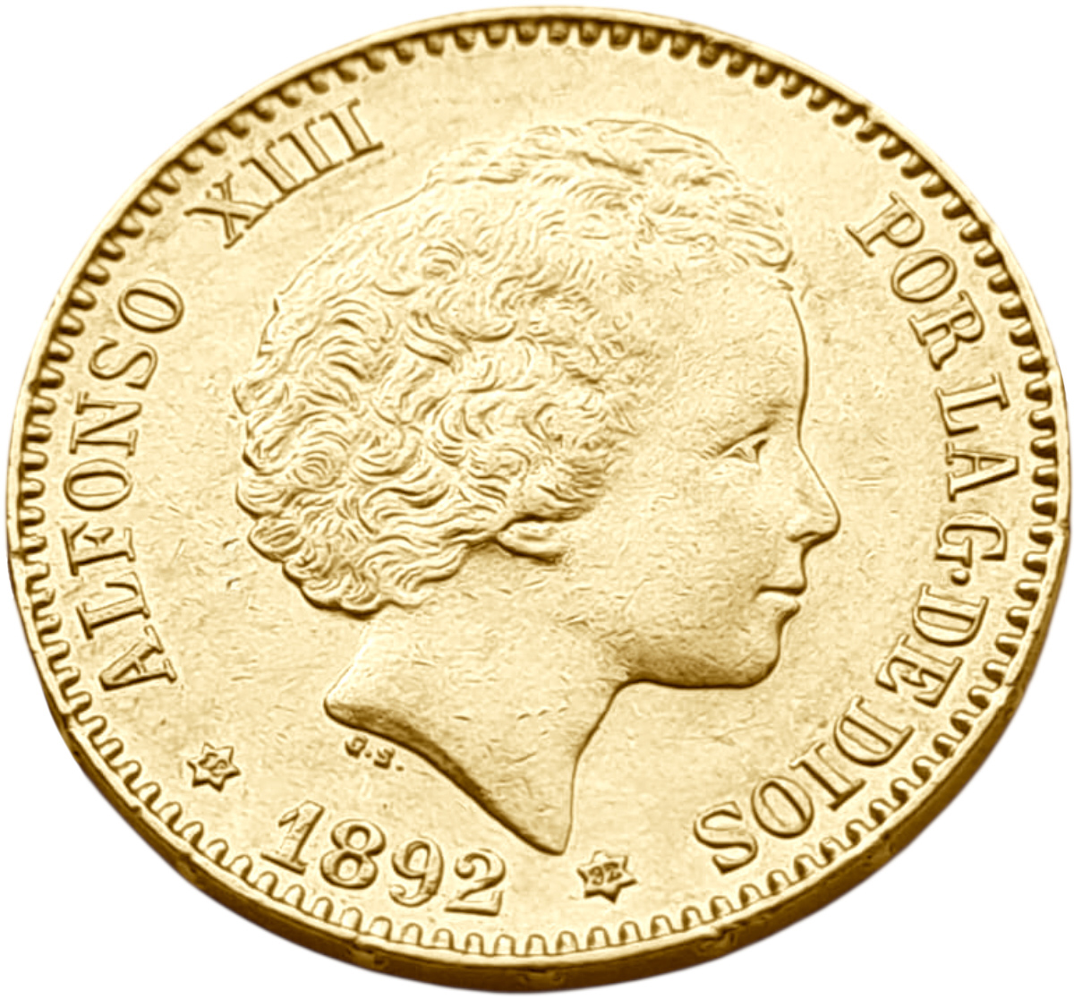 картинка Испания. 20 Песет 1892(1892) г. Золото. 6.45 г*0.900 0.1866 oz. Альфонсо XIII. Второй портрет! от магазина Одежда+