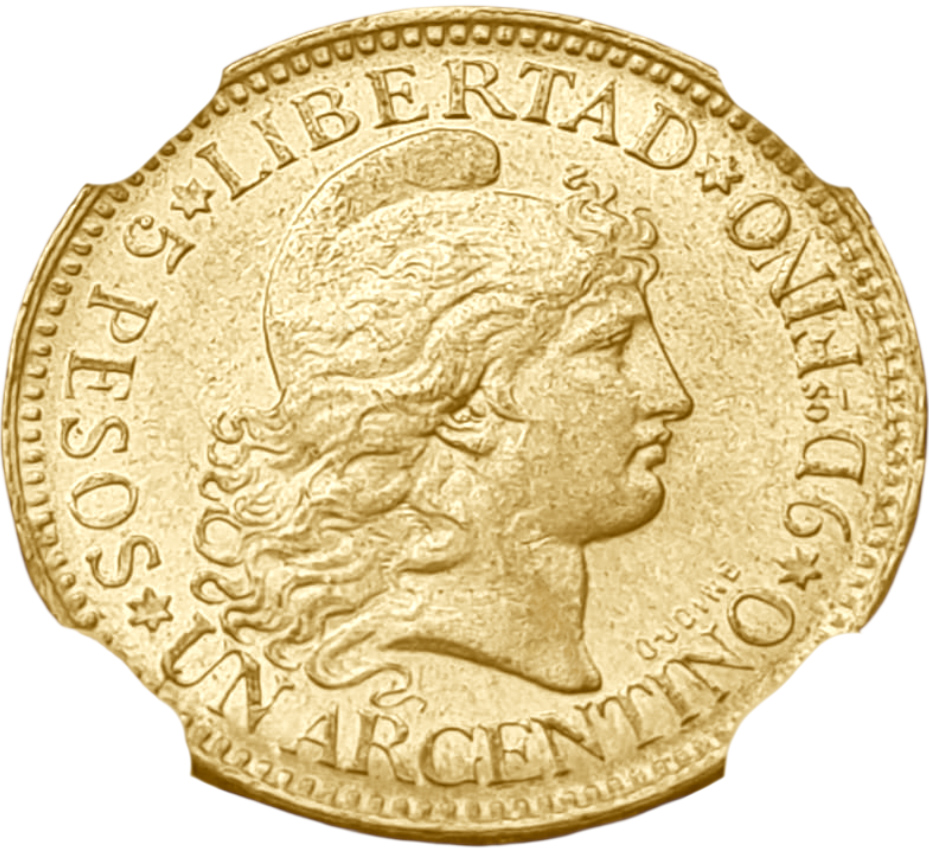 картинка Аргентина. 5 Песо 1896 г. Золото. 8.0645 г*0.900 0.2333 oz. Слаб NGC MS 61! от магазина Одежда+
