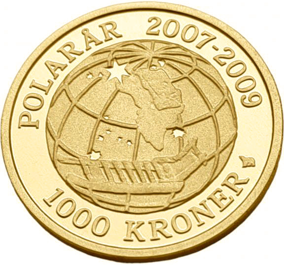 картинка Дания. 1000 Крон 2008 г. Золото. 8.65 г*0.900 0.2503 oz. Полярный год! Оригин. коробка и Сертификат! от магазина Одежда+