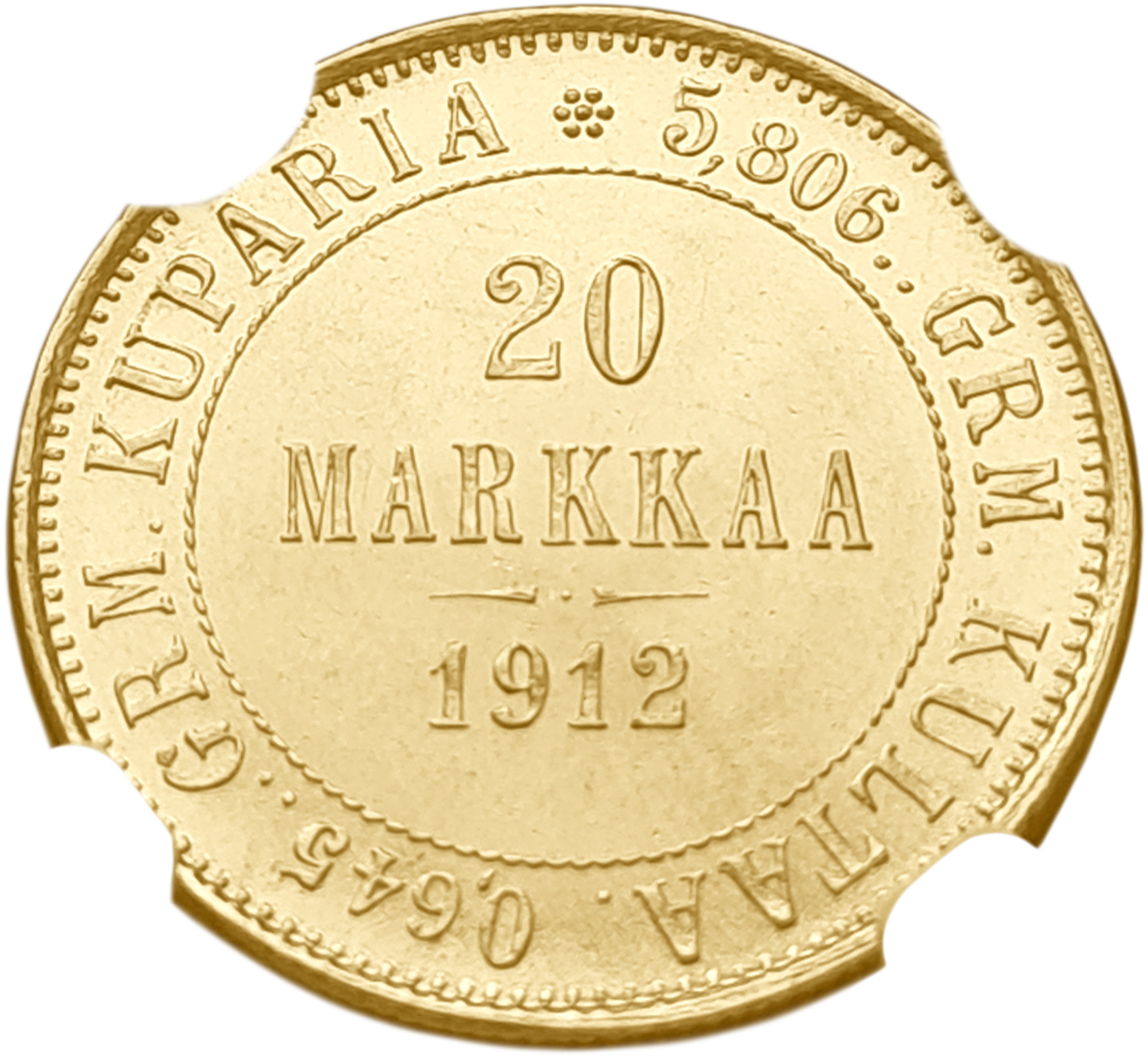 картинка Финляндия. Россия. 20 Марок 1912г. Золото. 6.4516г*0.900 0.1867 oz. (S). СЛАБ NGC MS64! от магазина Одежда+