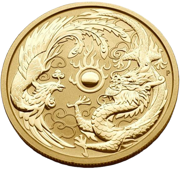 картинка Австралия. 100 долларов 2018 г. Золото. 31.11 г 0.9999 1.0 oz. Дракон и Феникс! от магазина Одежда+