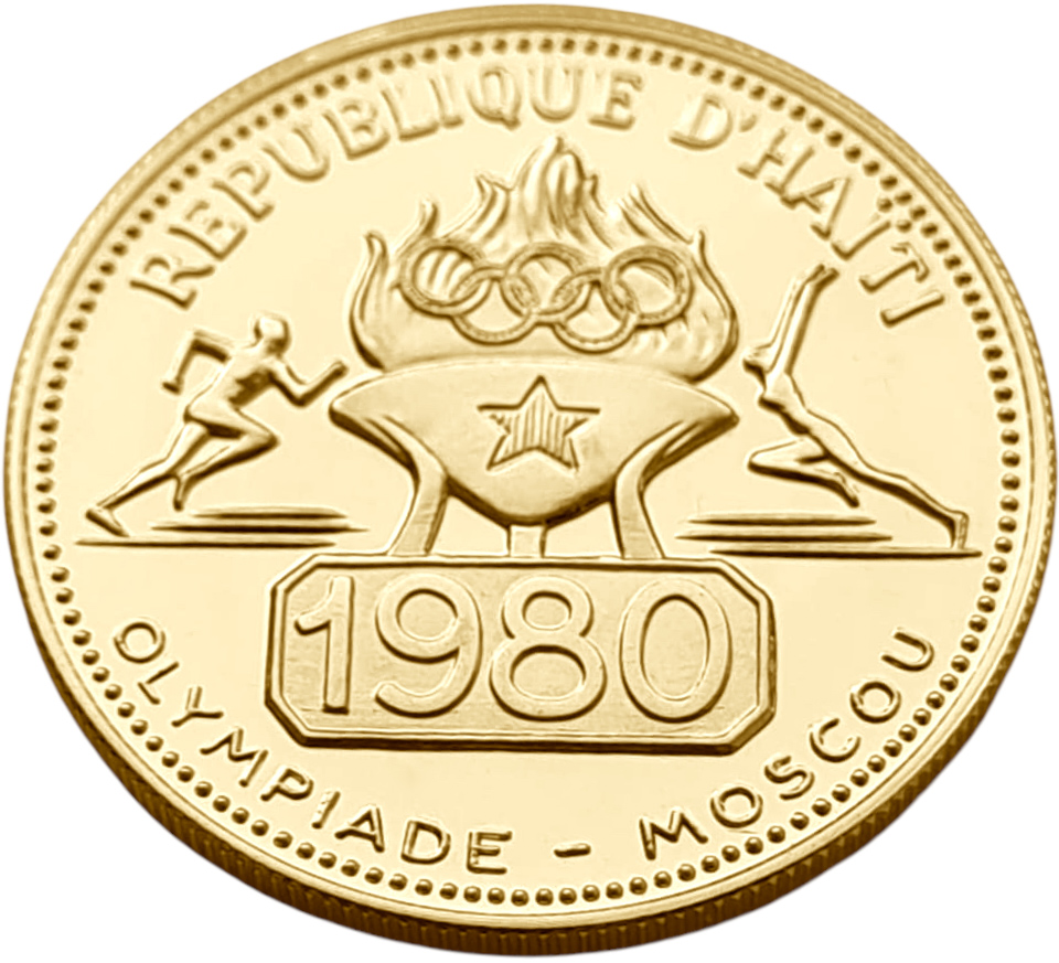 картинка Гаити. 500 Гурдов 1977г. Золото. 8.5г*0.900 0.246 oz. ОЛИМПИАДА МОСКВА-80! ТИРАЖ 594 ШТ! от магазина Одежда+