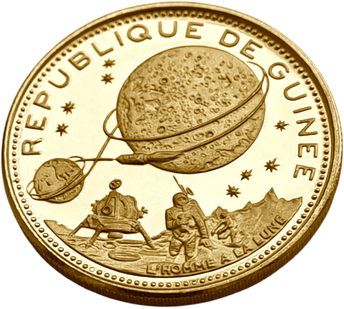 картинка Гвинея. 2000 Франков 1969г. Золото 8.0 г*0.900 0.2315 oz. 10-ая Годовщина Высадки на Луну! от магазина Одежда+