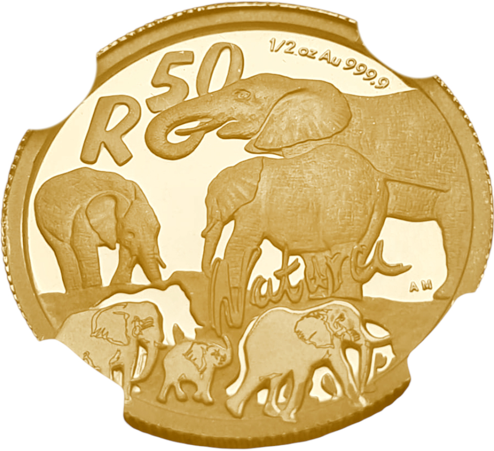 картинка ЮАР. 50 Рандов 2008 г. Золото. 15.55 г*0.9999 0.5 oz. Натура! Слон! СЛАБ NGC PF 69 ULTRA CAMEO! от магазина Одежда+