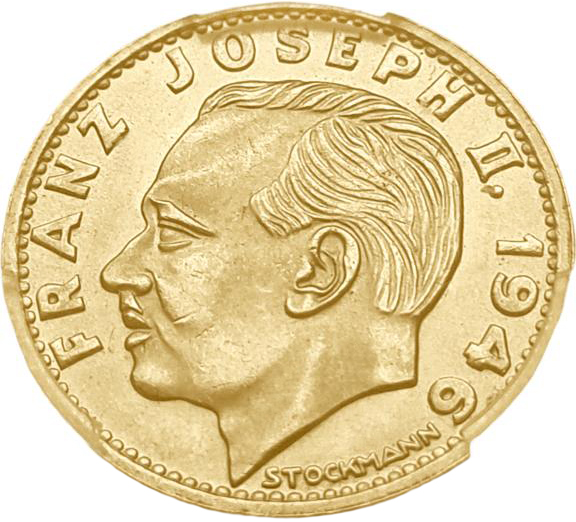 картинка Лихтенштейн. 20 Франков 1946 г. Золото. 6.4516 г*0.900 0.1867 oz. СЛАБ PCGS MS66! от магазина Одежда+