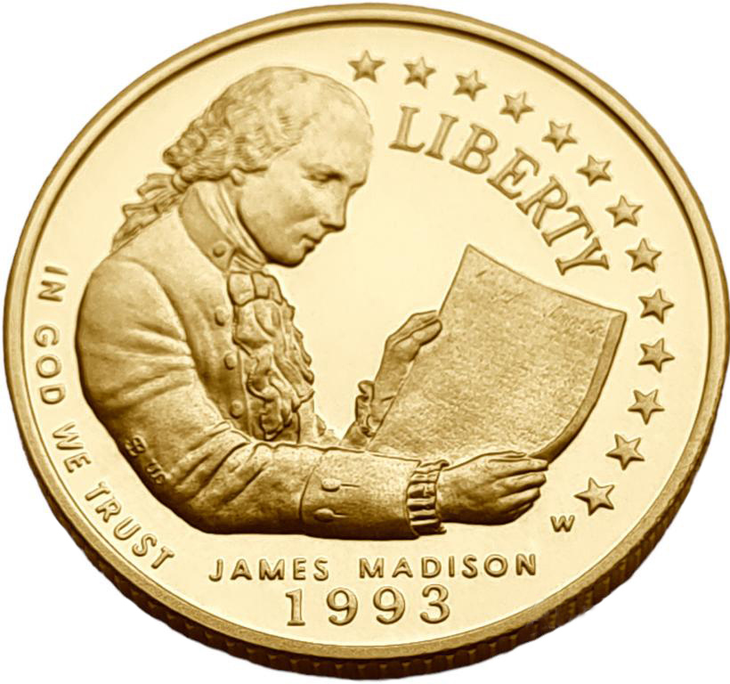 картинка США. 5 Долларов 1993 г. Золото. 8.359 г*0.900 0.2419 oz. Мэдисон! Билль о Правах! Пруф! от магазина Одежда+