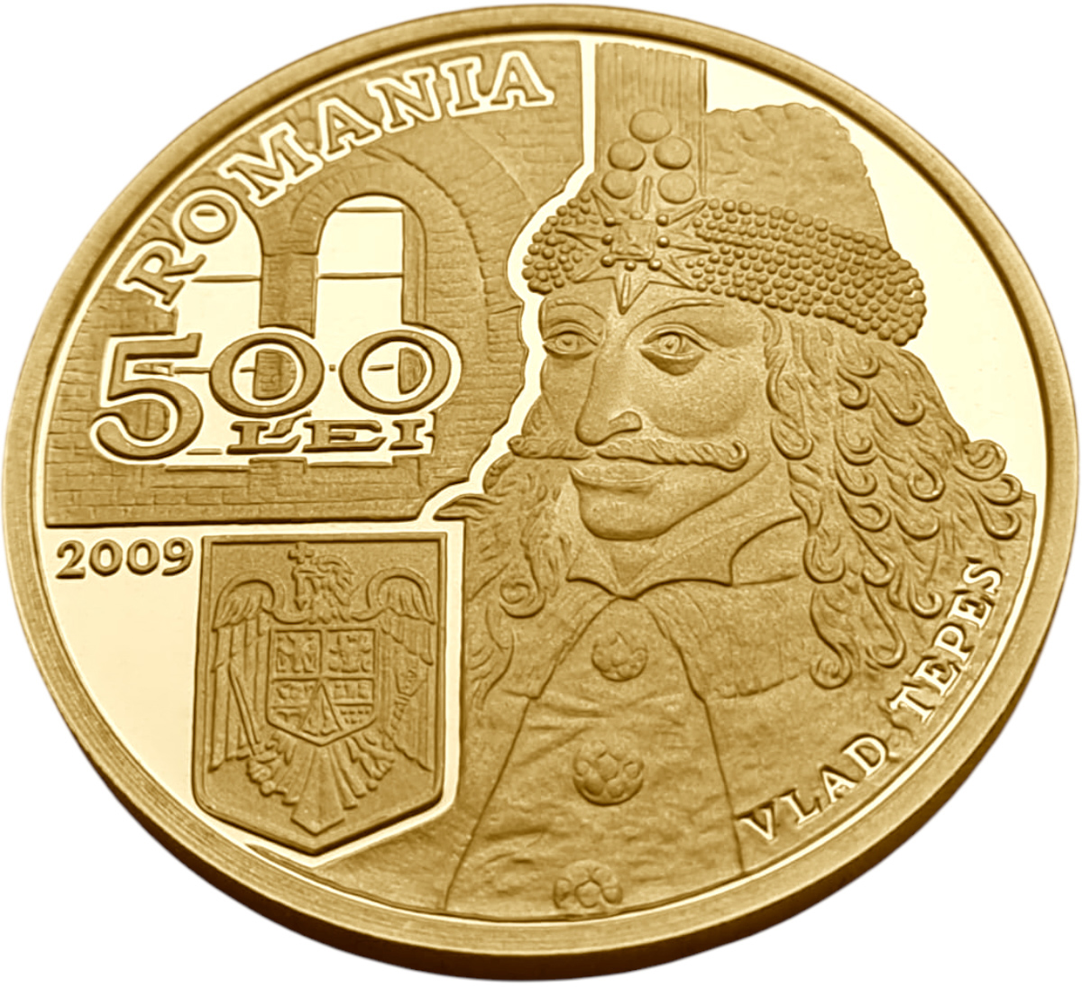 картинка Румыния. 500 Леев 2009 г. Золото. 31.103 г*0.999 1.0 oz. Влад Цепеш! Граф Дракула! ТИРАЖ 250 ЭКЗ! от магазина Одежда+