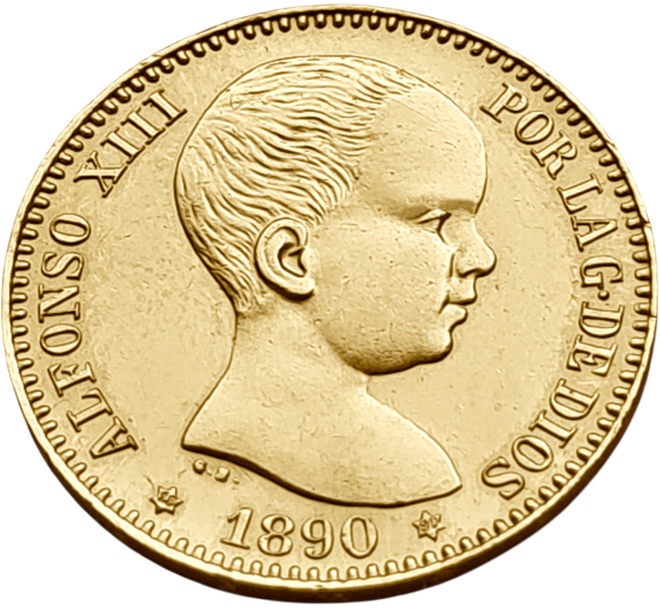 картинка Испания. 20 Песет 1890 (1890) г. Золото. 6.4516 г*0.900 0.1867 oz. от магазина Одежда+