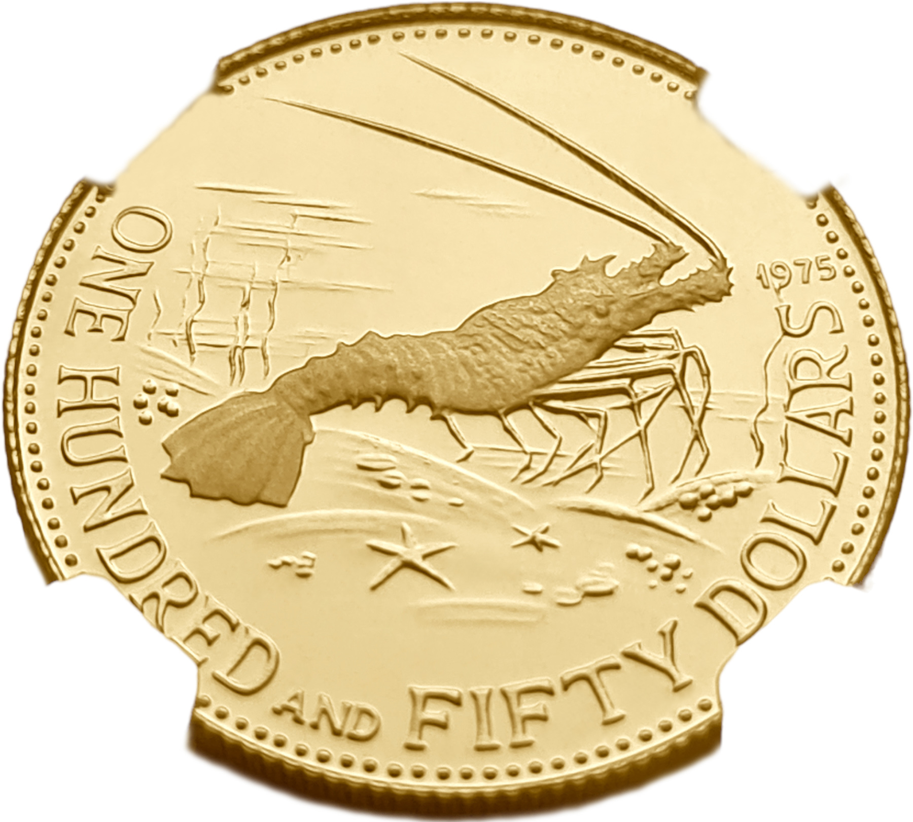 картинка Багамские острова. 150 Долларов 1975г. Золото. 8.19г*0.9166 0.2414 oz. СЛАБ NGC PF 68 ULTRA CAMEO! от магазина Одежда+