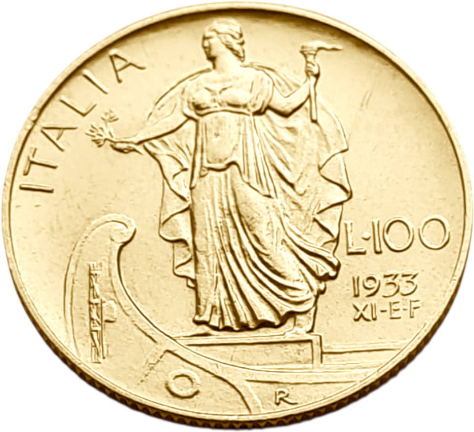 картинка Италия. 100 Лир 1933 г. Золото. 8.8 г*0.900 0.2546 oz. от магазина Одежда+