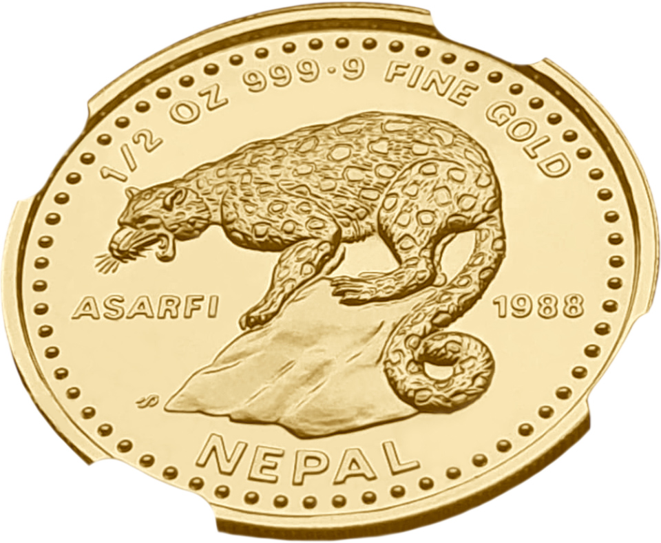 картинка Непал. 1/2 Асарфи 1988 (2045) г. Золото. 15.55г*0.9999 0.5 oz. СЛАБ NGC PF 69 ULTRA CAMEO! от магазина Одежда+