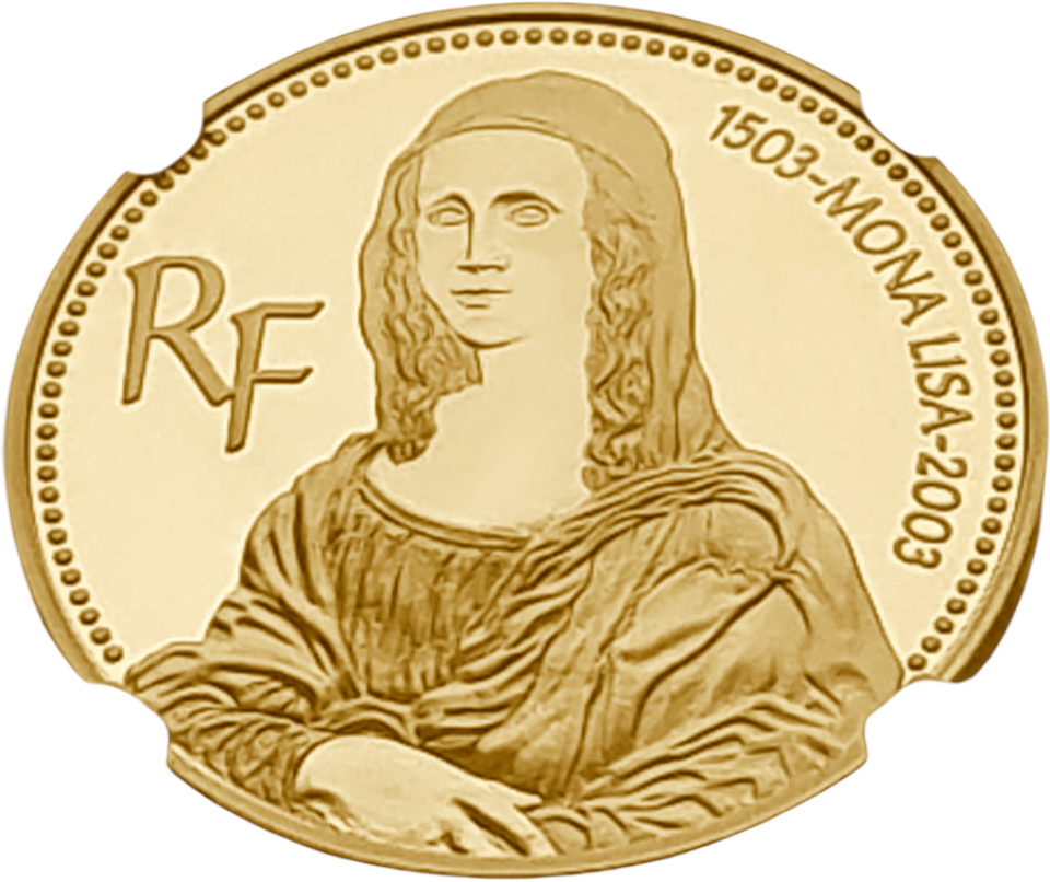 картинка Франция. 20 Евро 2003 г. Золото. 17 г*0.920 0.5028 oz. Мона Лиза! ТИРАЖ 808 ЭКЗ! СЛАБ NGC PF67 ULTRA СAMEO! от магазина Одежда+