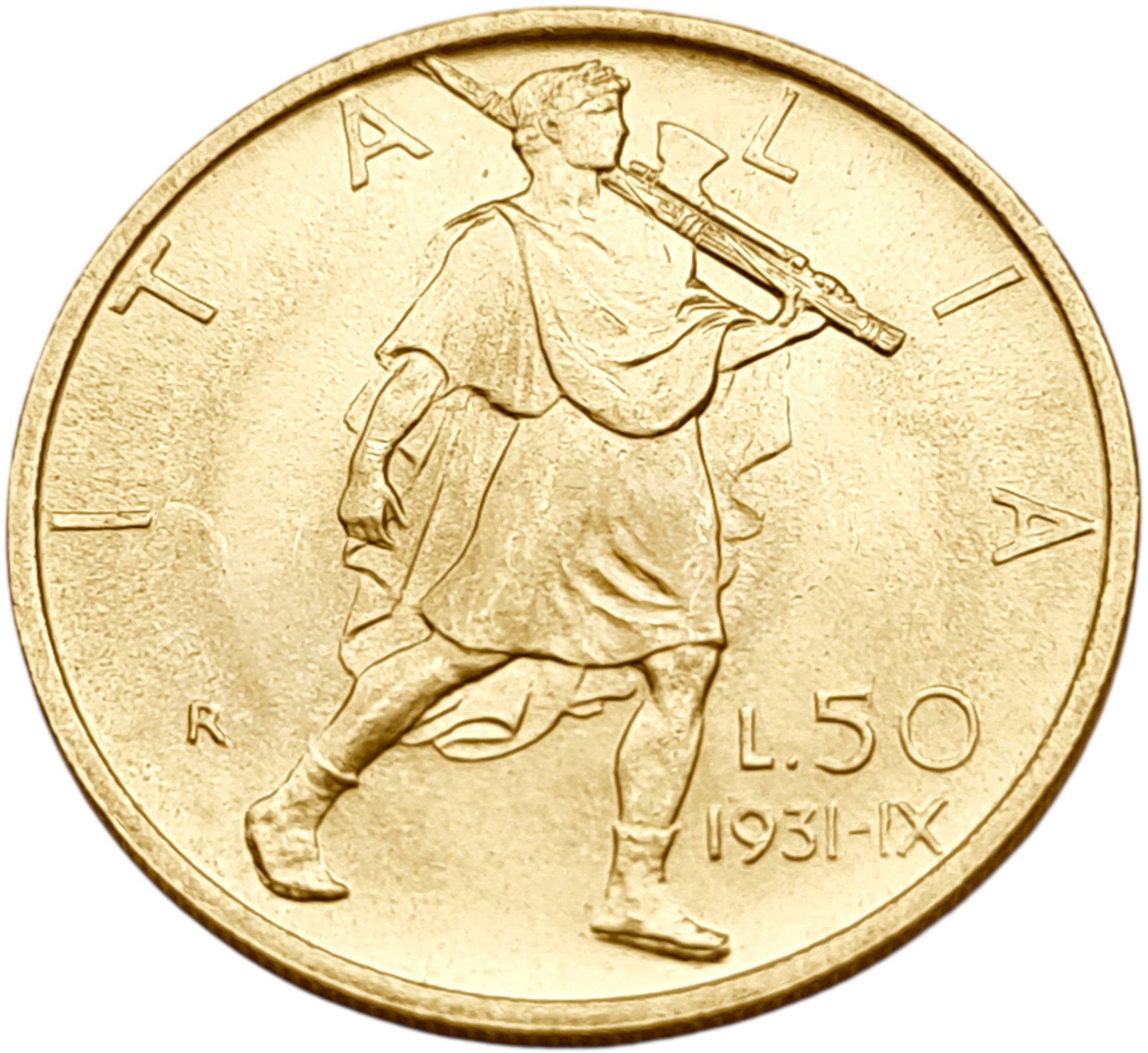 картинка Италия. 50 Лир 1931 г. Золото. 4.3995 г*0.900 0.1273 oz. от магазина Одежда+