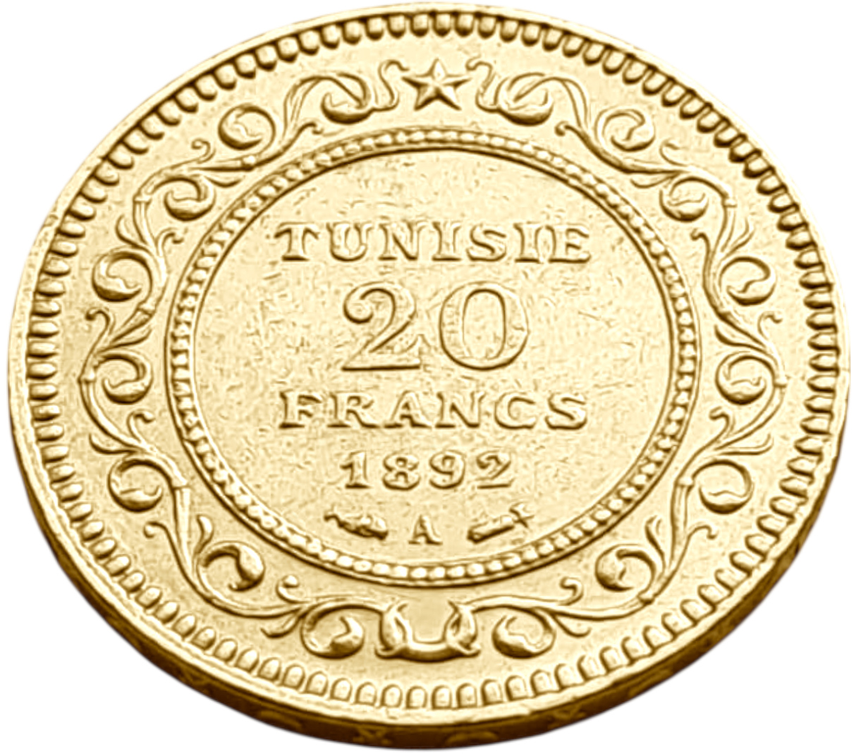 картинка Тунис. 20 Франков 1892 (1309) г. Золото. 6.45 г*0.900 0.1867 oz. от магазина Одежда+