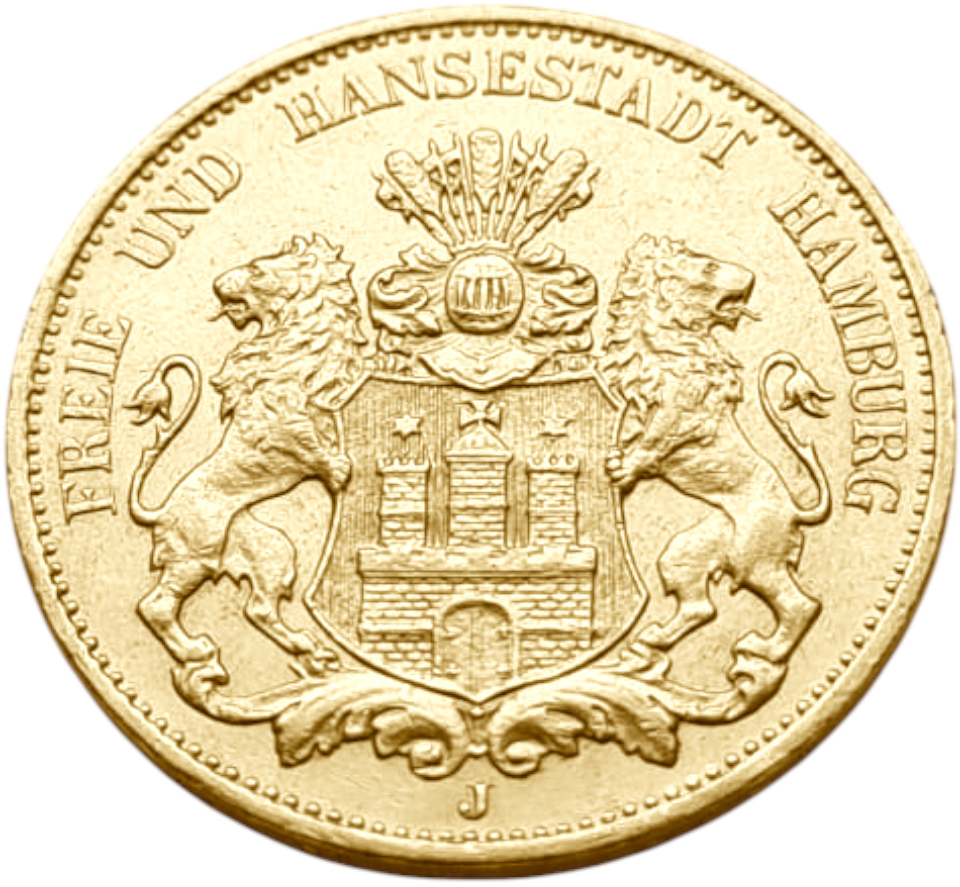 картинка Гамбург. 20 Марок 1913 г. Золото. 7.97 г*0.900 0.2305 oz. от магазина Одежда+