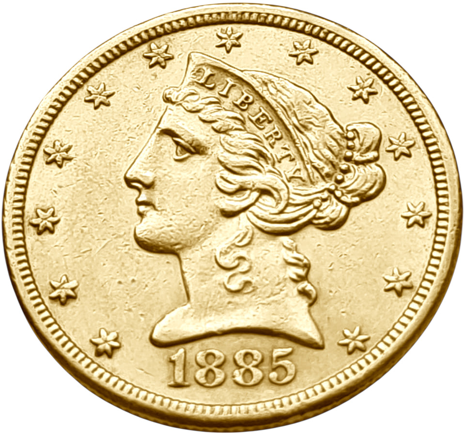 картинка США. 5 Долларов 1885 г. Золото. 8.359 г*0.900 0.2419 oz. от магазина Одежда+