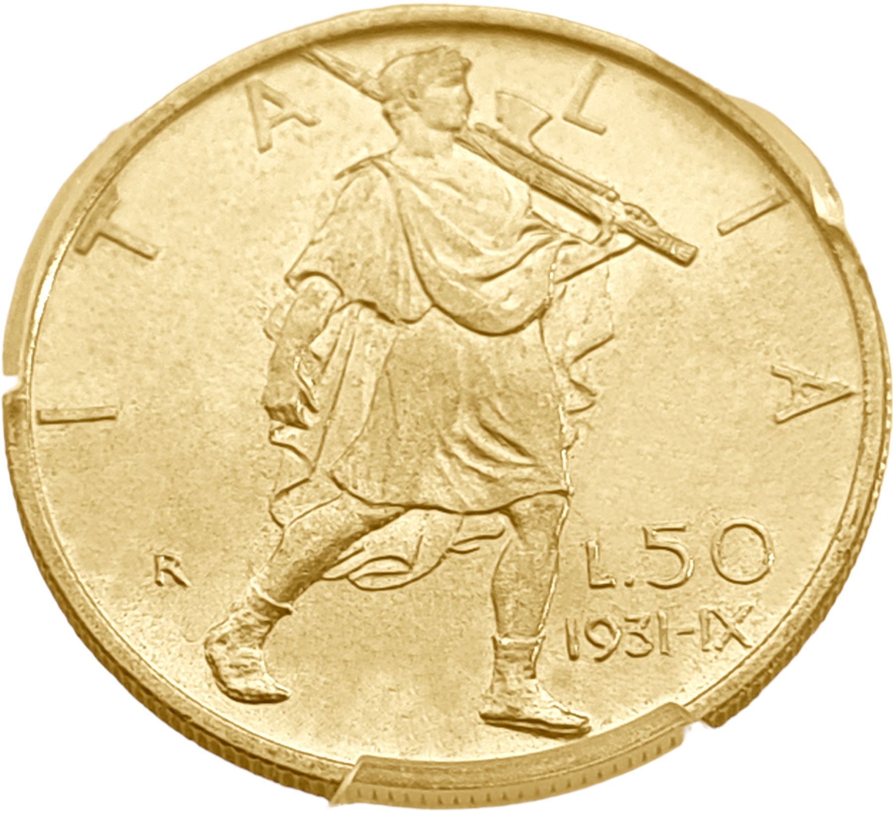 картинка Италия. 50 Лир 1931 г. Золото. 4.3995 г*0.900 0.1273 oz. СЛАБ PCGS MS 64! от магазина Одежда+