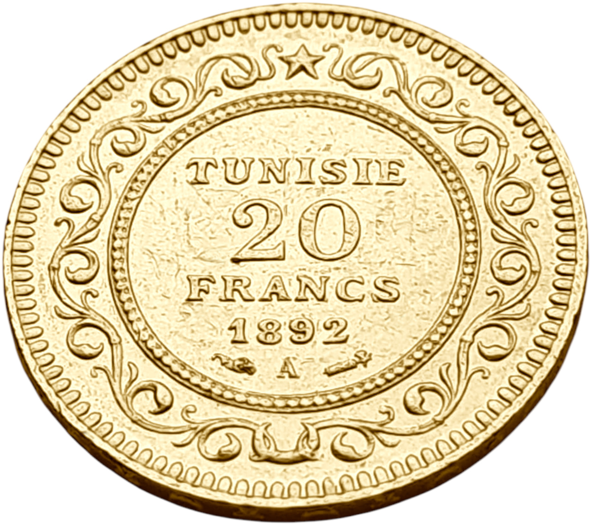 картинка Тунис. 20 Франков 1892 (1309) г. Золото. 6.45 г*0.900 0.1867 oz. от магазина Одежда+