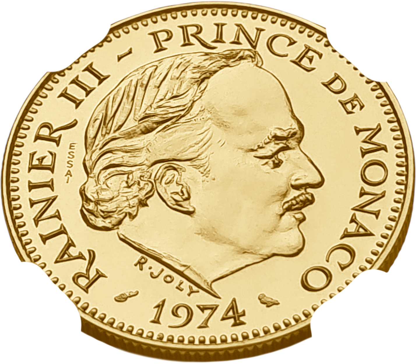 картинка Монако. 5 Франков 1974 г. Золото. 19.6 г*0.920 0.5797 oz. ESSAI. СЛАБ NGC PF 68! от магазина Одежда+