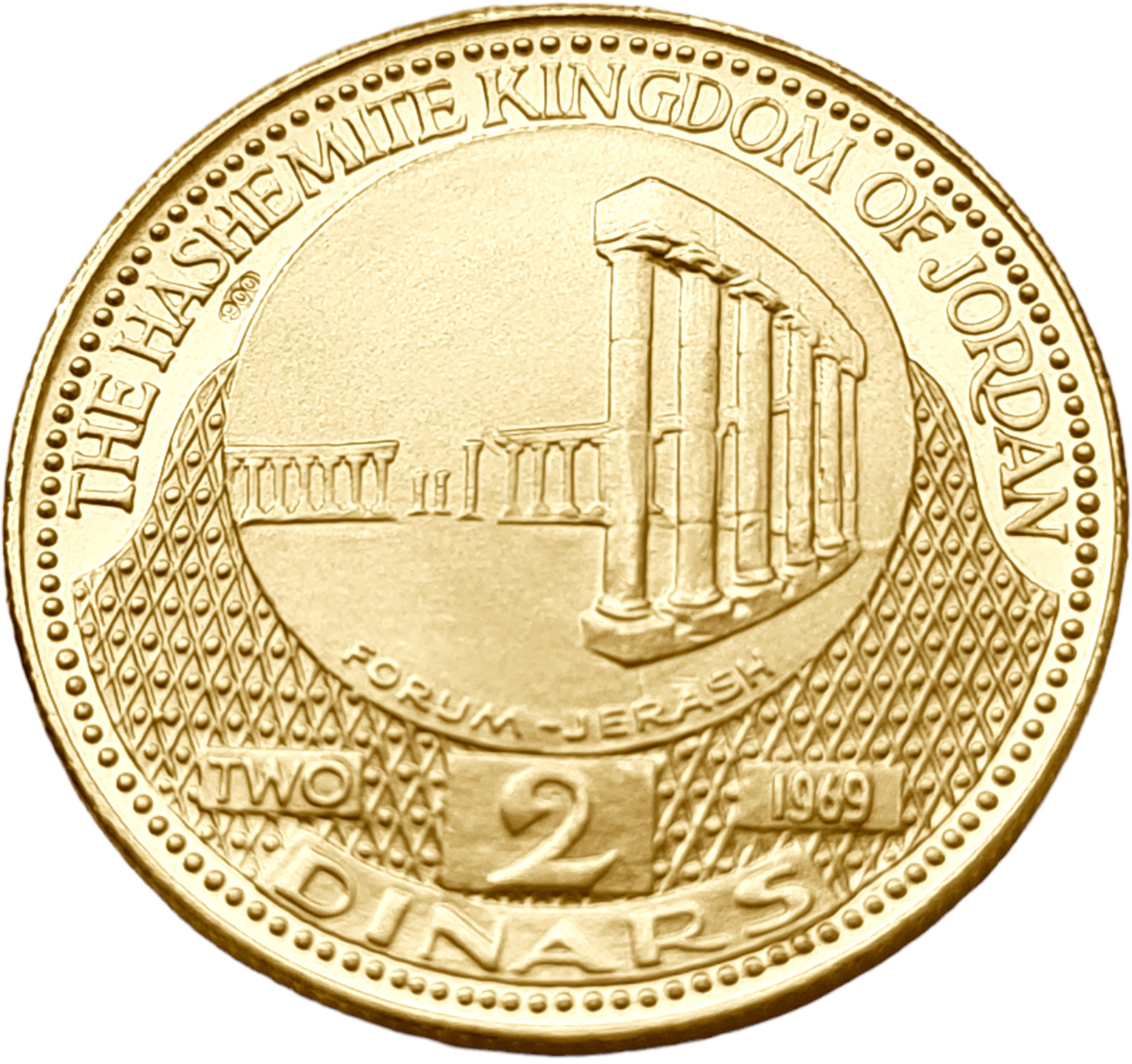 картинка Иордания. 2 Динара 1389 (1969) г. Золото. 5.52 г*0.900 0.1597 oz. Форум в Джераше! от магазина Одежда+