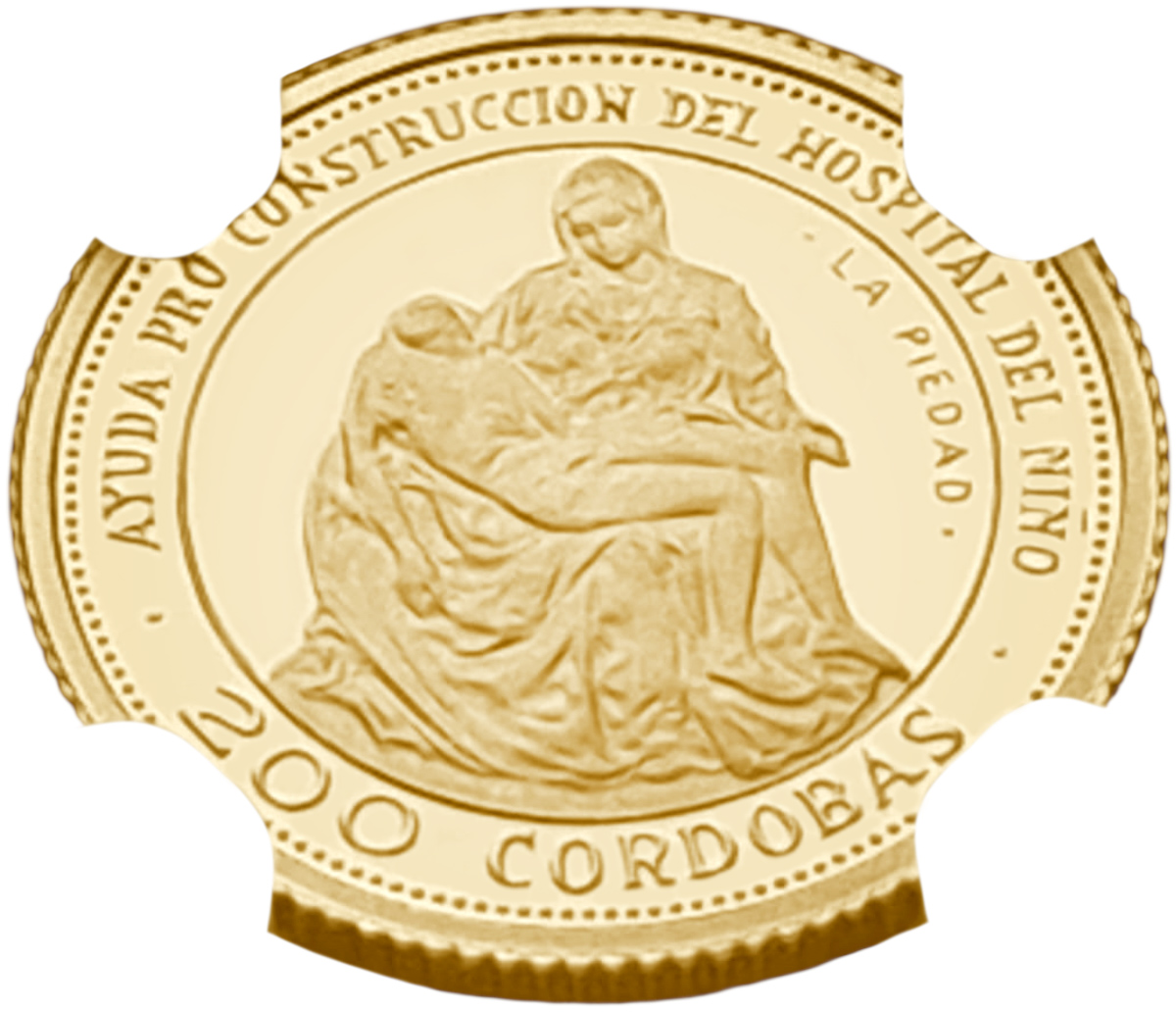 картинка Никарагуа. 200 Кордоб 1975 г. Золото. 2.1 г*0.900 0.0608 oz. Пьета! СЛАБ NGC PF 69 UC! от магазина Одежда+