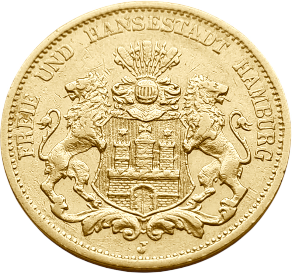 картинка Гамбург. 20 Марок 1878 г. Золото. 7.965 г*0.900 0.2305 oz. от магазина Одежда+