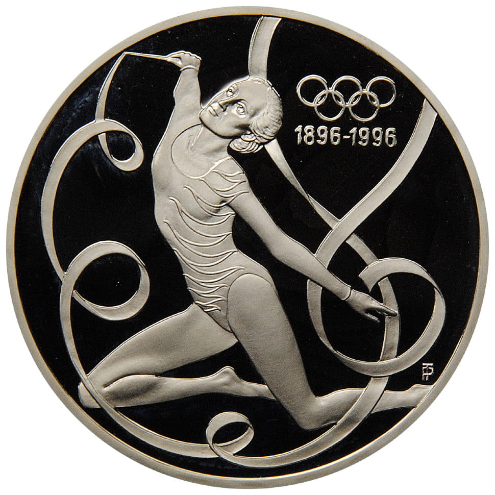 картинка 200 шиллингов. 1995 г.  100 лет Олимпийским играм. Художественная гимнастика. Ag 31.1 г. от магазина Одежда+