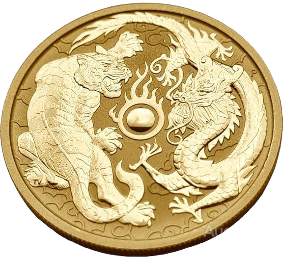 картинка Австралия. 100 Долларов 2019 г. Золото. 31.11 г 0.9999 1.0 oz. Дракон и Тигр! от магазина Одежда+