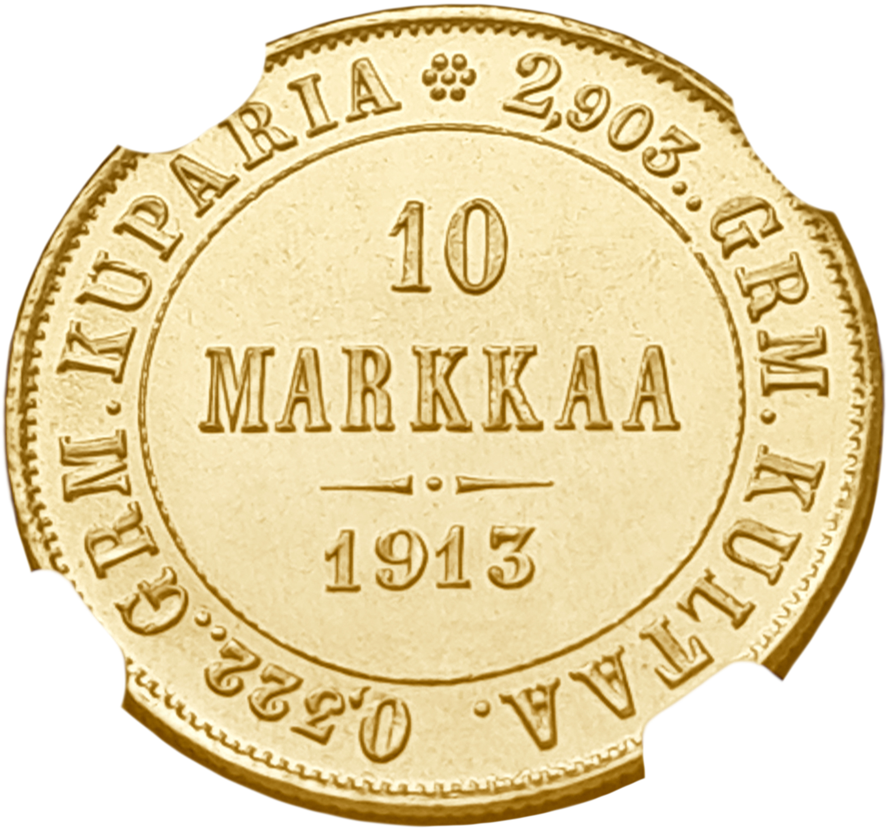картинка Финляндия. Россия. 10 Марок 1913 г. Золото. 3.2258 г*0.900 0.0933 oz. (S). СЛАБ NGC MS 65! от магазина Одежда+