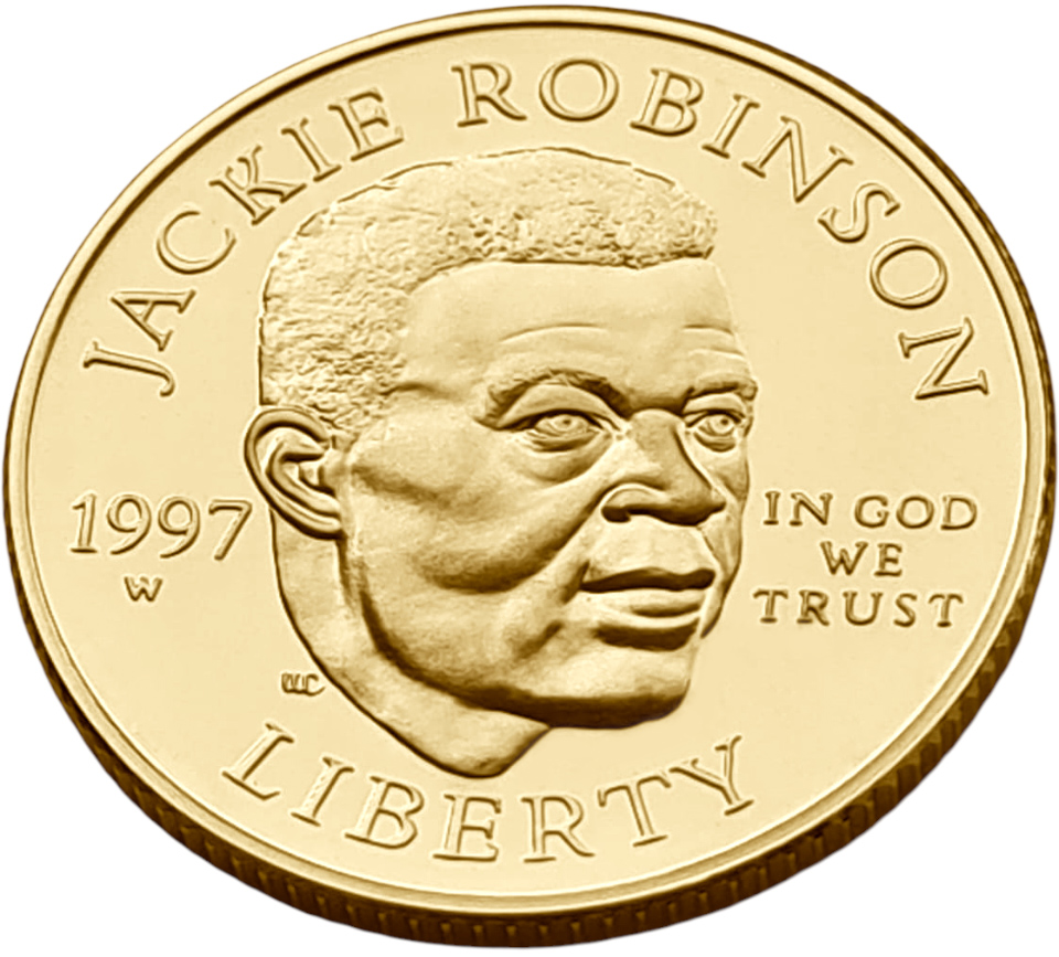 картинка США. 5 Долларов 1997 г. Золото 8.359 г*0.900 0.2419 oz. Джеки Робинсон! от магазина Одежда+