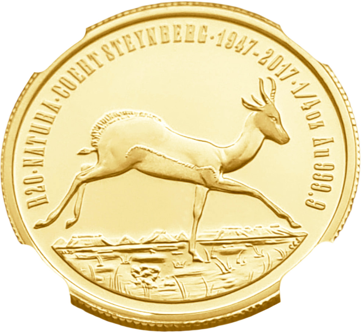 картинка ЮАР. 20 Рандов 2017 г. Золото. 7.78 г*0.9999 0.25 oz. Спрингбок! СЛАБ NGC PF70 ULTRA CAMEO! от магазина Одежда+