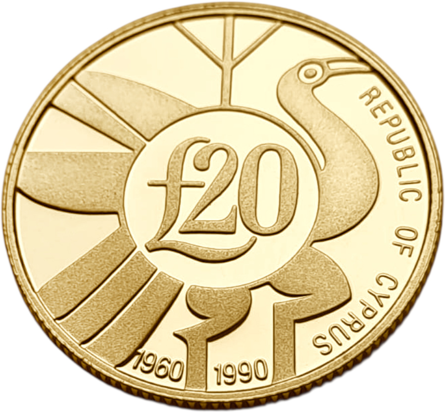 картинка Кипр. 20 Фунтов 1990 г. Золото. 7.988 г*0.917 0.2355 oz. 30-летие Республики! Сертификат! от магазина Одежда+