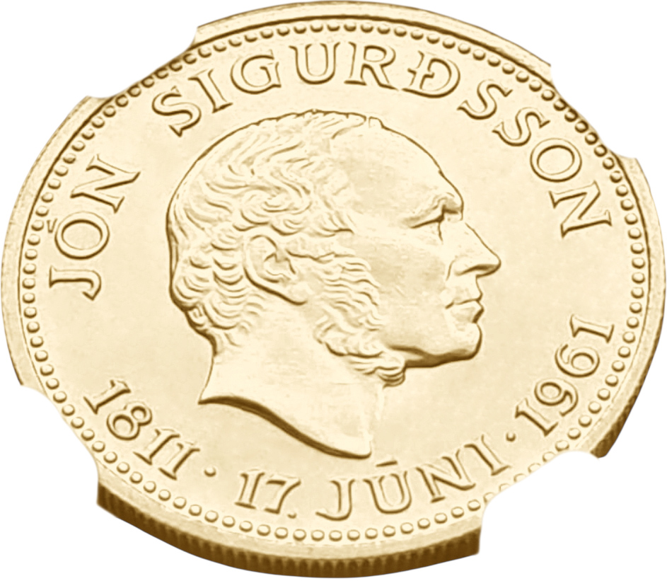 картинка Исландия. 500 Крон. 1961г. Золото. 8.9604 г*0.900 0.26 oz. Йоун Сигурдссон! СЛАБ NGC MS66! от магазина Одежда+