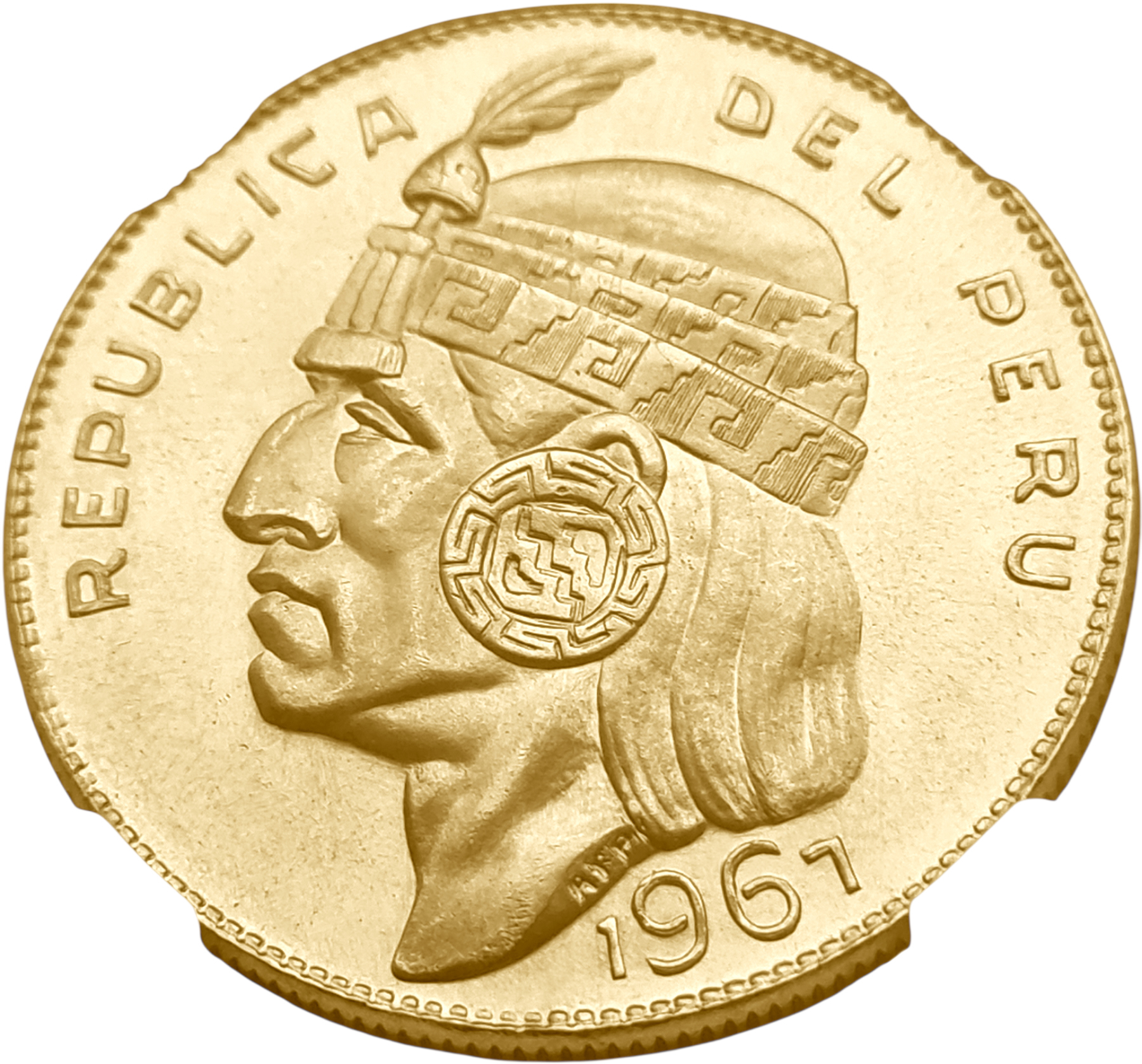 картинка Перу. 50 Солей 1967 г. Золото. 33.4363 г*0.900 0.9675 oz. СЛАБ NGC MS 66! от магазина Одежда+