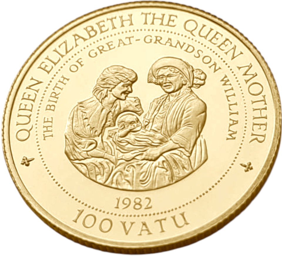 картинка Вануату. 100 Вату 1997 г. Золото 7.78 г*0.5833 0.1459 oz. Королева-Мать! Рождение Уильяма! от магазина Одежда+