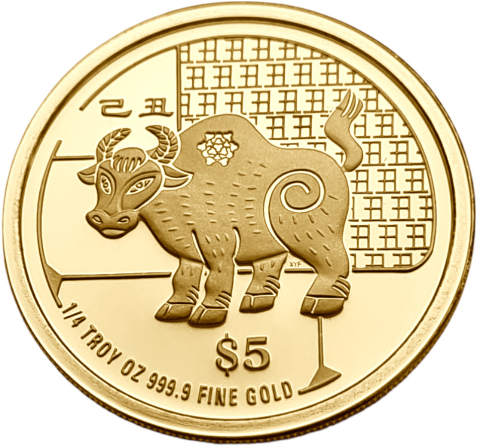 картинка Сингапур. 5 Долларов 2009 г. Золото. 7.776 г*0.9999 0.25 oz. Год Быка! ТИРАЖ 1150 ЭКЗ! от магазина Одежда+