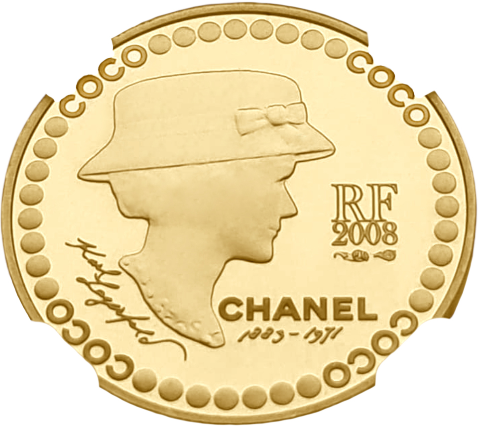 картинка Франция. 5 евро 2008 г. Золото. 8.45 г*0.920 0.25 oz. Коко Шанель! ТИРАЖ 500 ЭКЗ! СЛАБ NGC PF69 ULTRA CAMEO! от магазина Одежда+