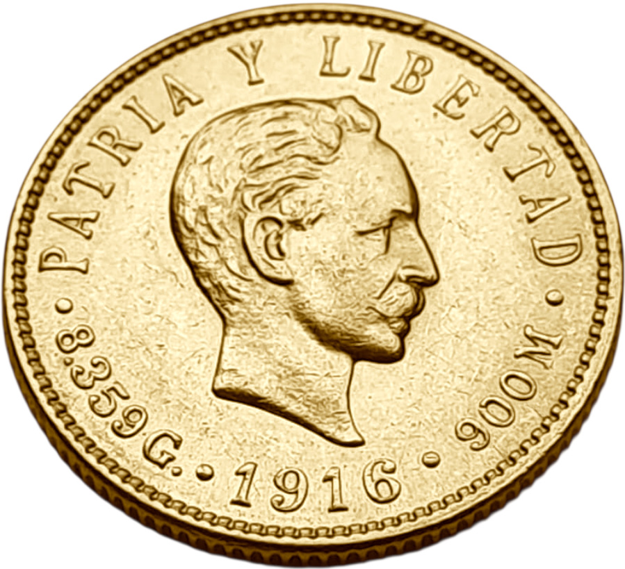 картинка Куба. 5 Песо 1916 г. Золото. 8.359 г*0.900 0.2419 oz. от магазина Одежда+