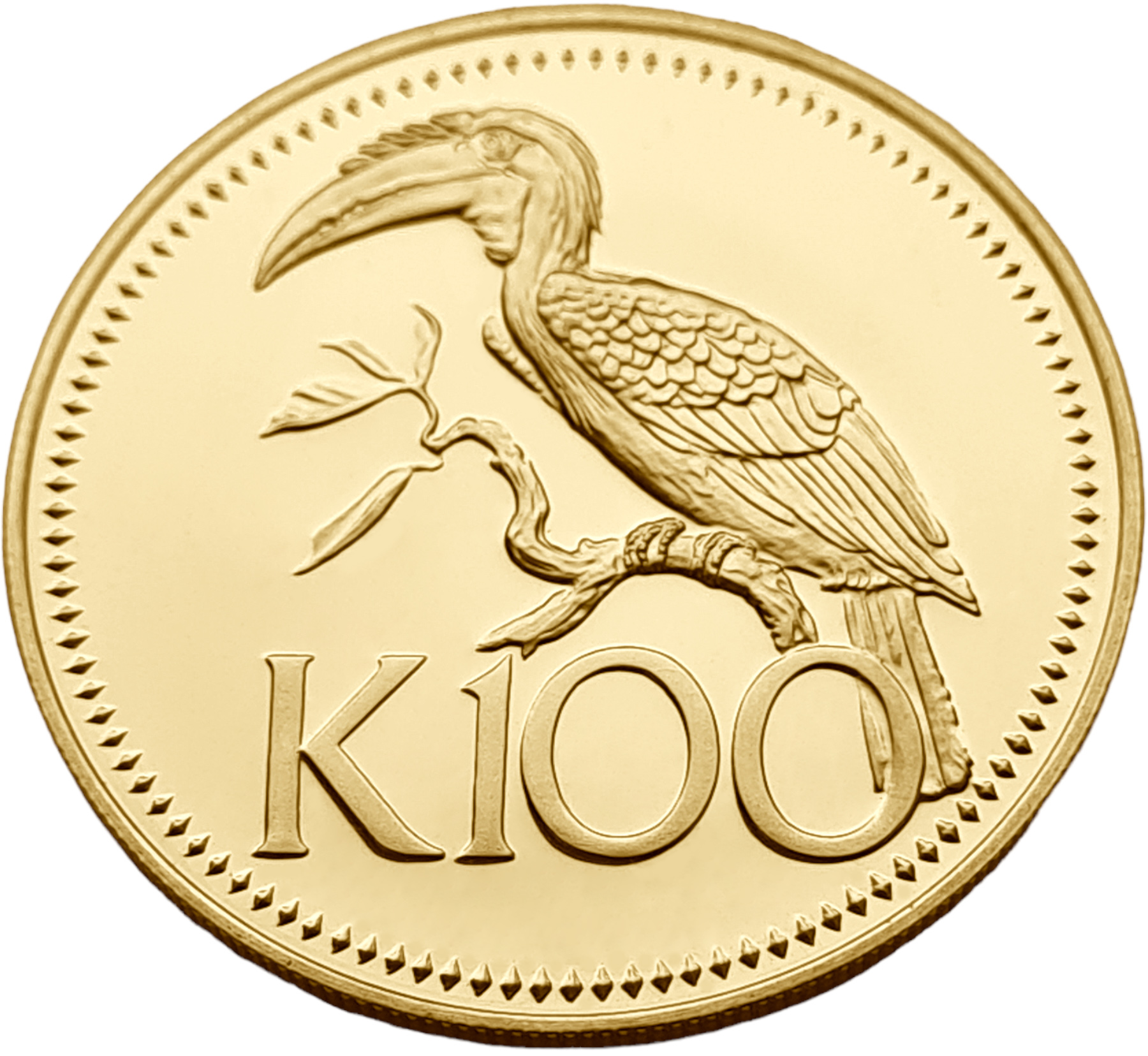 картинка Папуа Новая Гвинея. 100 Кина 1977 г. Золото. 9.57 г*0.900 0.2769 oz. Птица-Носорог! от магазина Одежда+