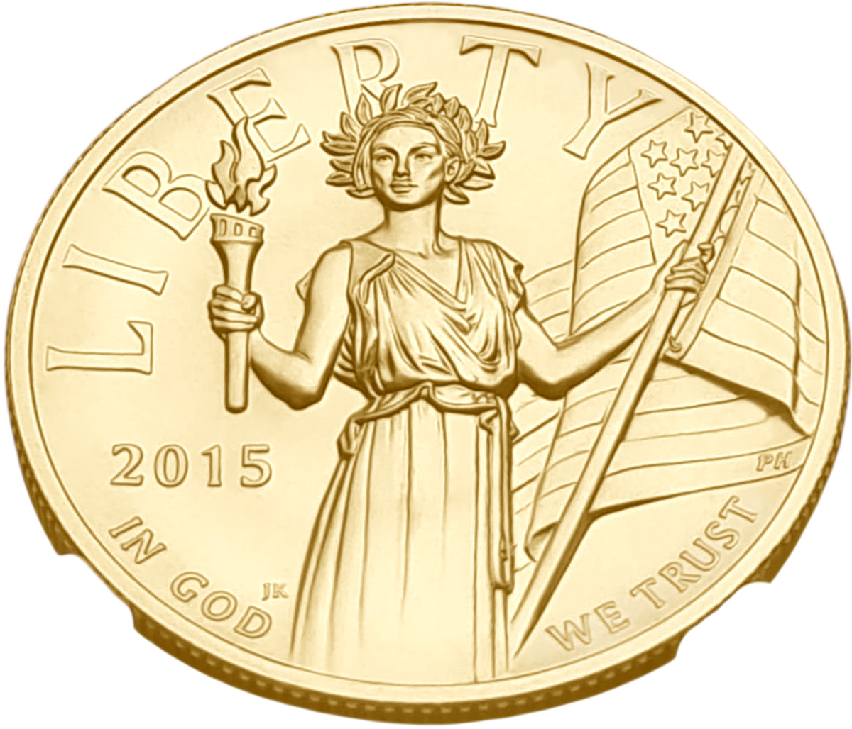 картинка США. 100 Долларов 2015 г. Золото. 31.1035 г*0.9999 1.0 oz.Американская Свобода! Высокий Рельеф! СЛАБ NGC MS 70! от магазина Одежда+