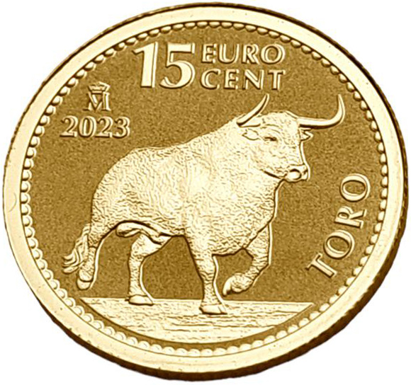 картинка Испания. 15 Центов 2023 г. Золото. 3.111 г*0.9999 0.1 oz. Бык! от магазина Одежда+