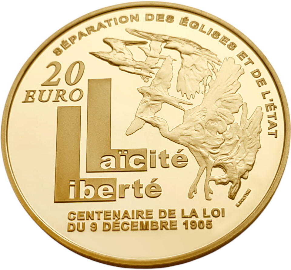 картинка Франция. 20 Евро 2005 г. Золото. 17.0 г*0.920 0.5028 oz. Сеятельница! Столетие закона о разделении церквей и государства! Коробка и Сертификат! от магазина Одежда+