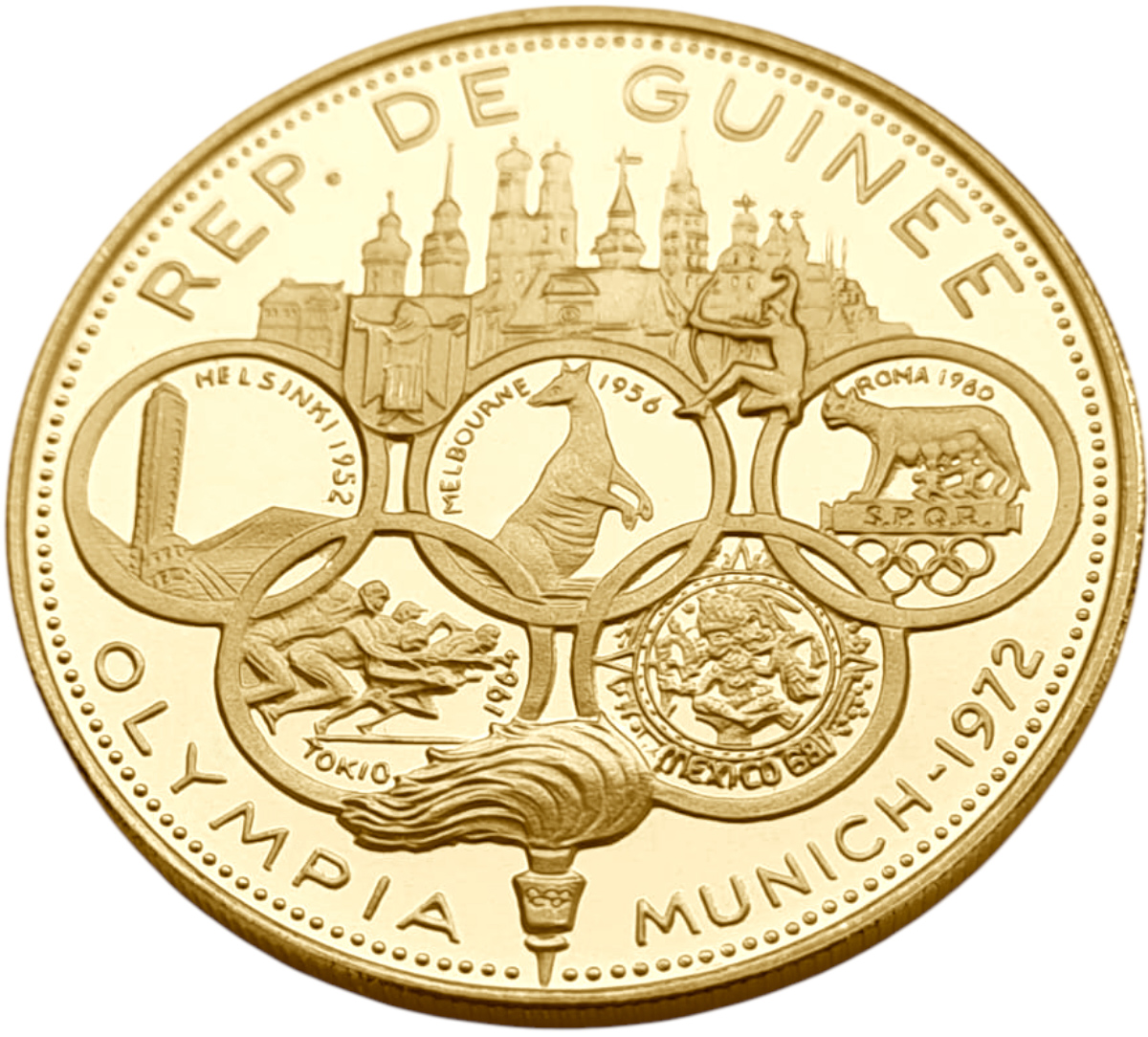 картинка Гвинея. 5000 Франков 1969 г. Золото. 20.0 г*0.900 0.5787 oz. Олимпиада в Мюнхене! Пруф! от магазина Одежда+